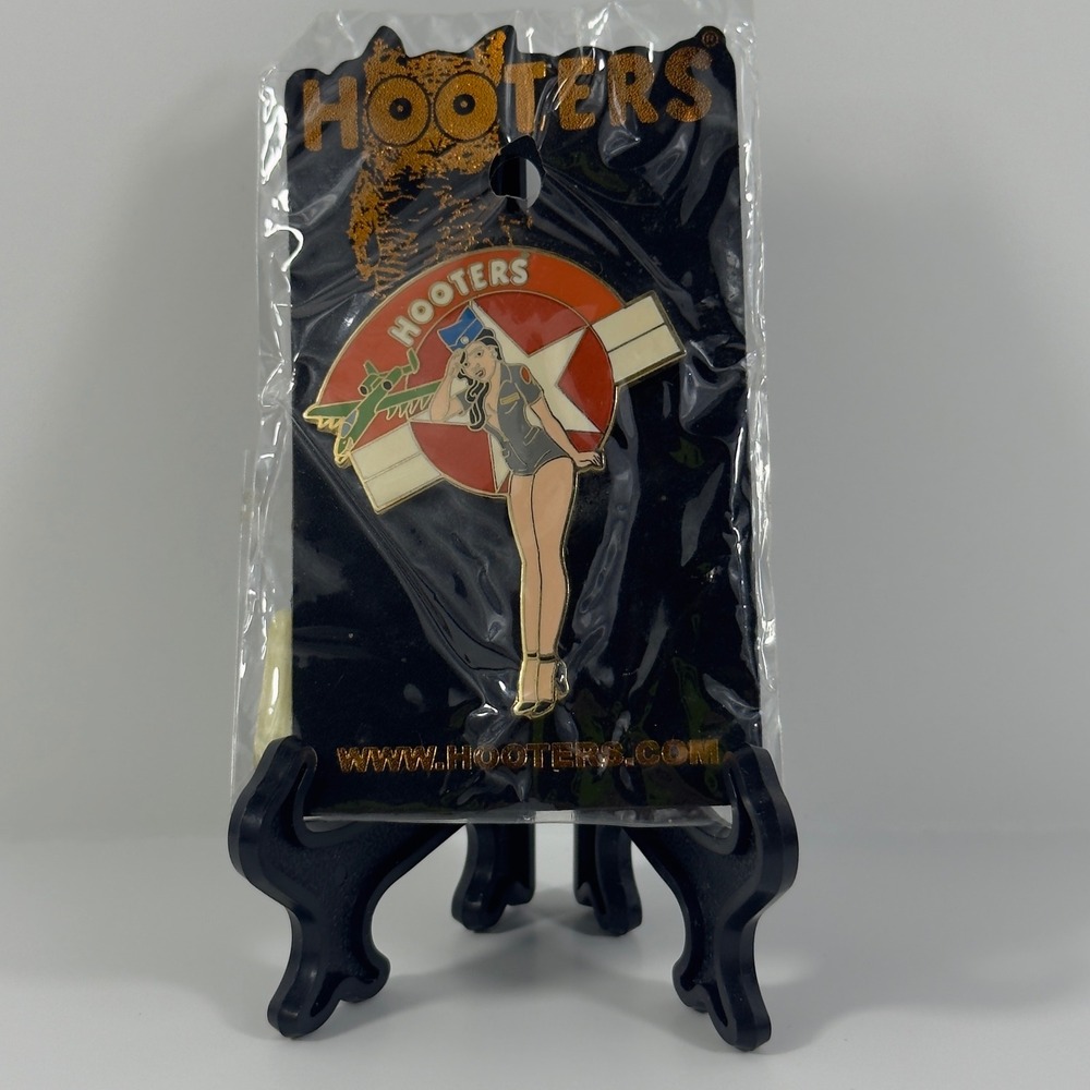 Vintage Hooters Pinup Girl Enamel Pin Military Aviation Saluting Flight Suit